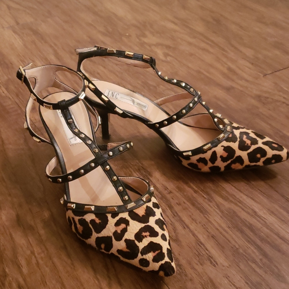 INC Carma Studded T Strap Leopard Heels